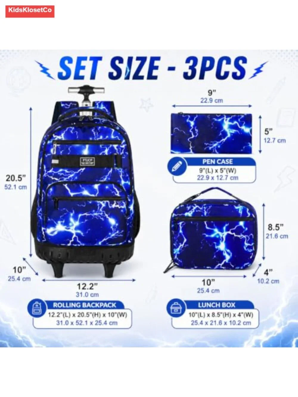 Rolling Backpack with Lunch Box and Pencil Bag, Water Resistant Wheeled Bookbag